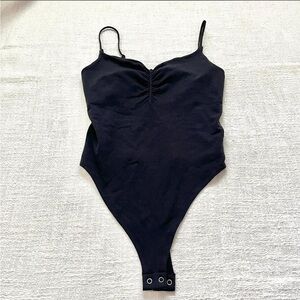 Anthropologie black ruched bodysuit size s/m fitted adjustable straps balletcore